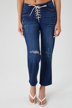 Jeans Forever 21 Distressed Encaje Up Flare Mujer Azules Oscuro | bJitBcOmogB