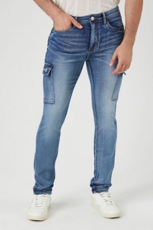 Jeans Forever 21 Knit Denim Cargo Flaco Hombre Azules Oscuro | lWTU3JsXTdO