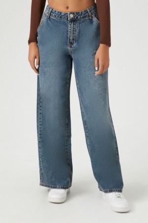 Jeans Forever 21 Mid Rise Anchos Leg Mujer Azules Oscuro | mLvOR9u5SgS