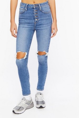 Jeans Forever 21 Recycled Algodon Distressed Flaco Mujer Azules | Cisj4fXaNhs