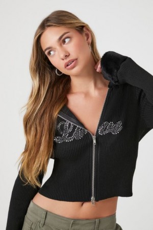 Sudadera con Capucha Forever 21 Rhinestone Love Zip Up Mujer Negros Multicolor | WO39LIa0YnQ