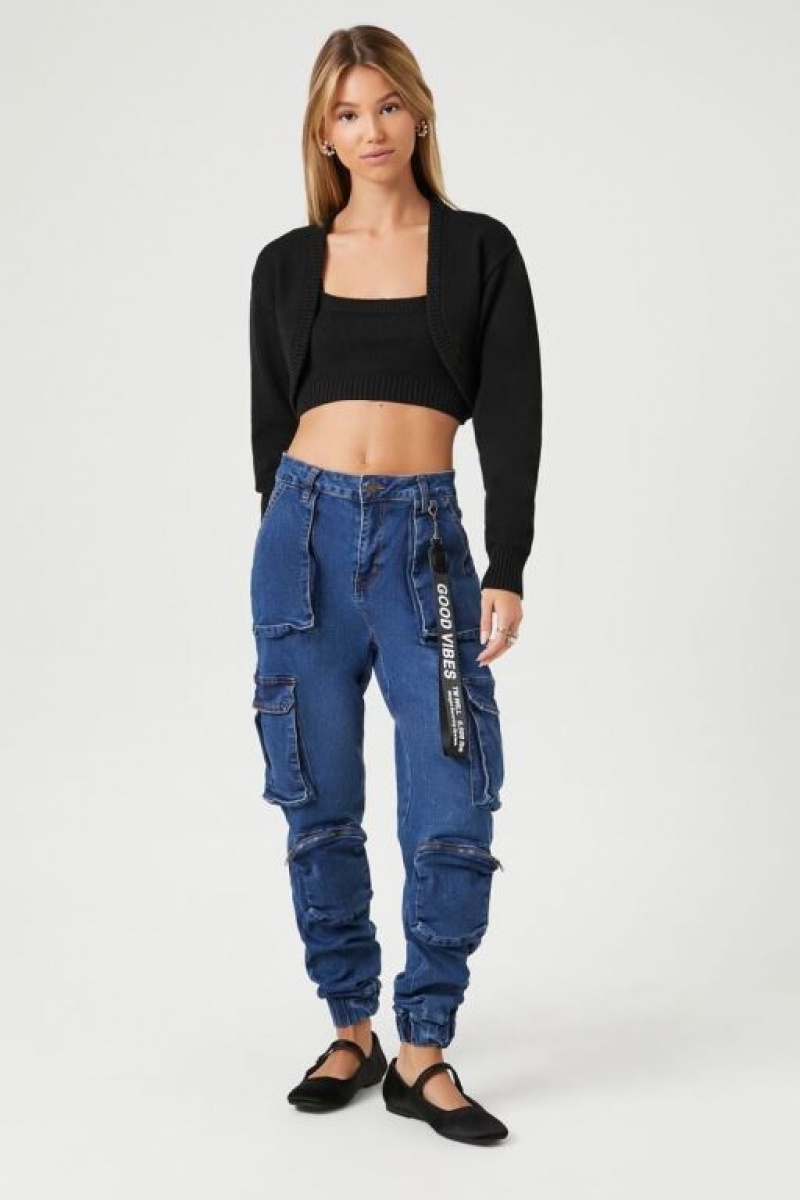 Jeans Forever 21 Cuffed High Rise Cargo Mujer Azules Oscuro | 7A9t3n9rSbZ