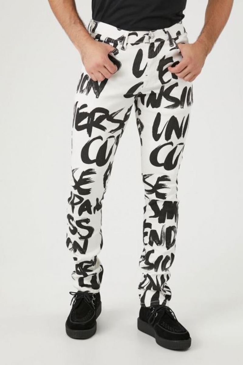 Jeans Forever 21 Graffiti Print Flaco Hombre Blancos Negros | BvZaeJ2xCJA