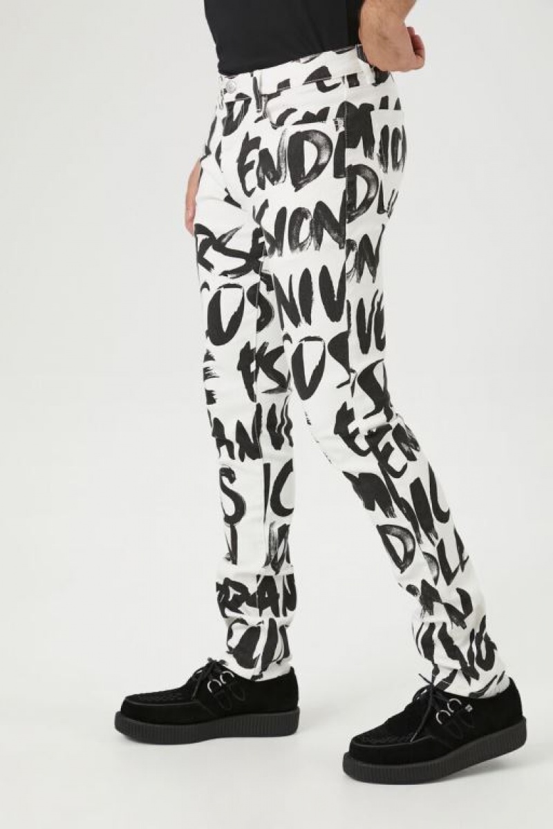 Jeans Forever 21 Graffiti Print Flaco Hombre Blancos Negros | BvZaeJ2xCJA