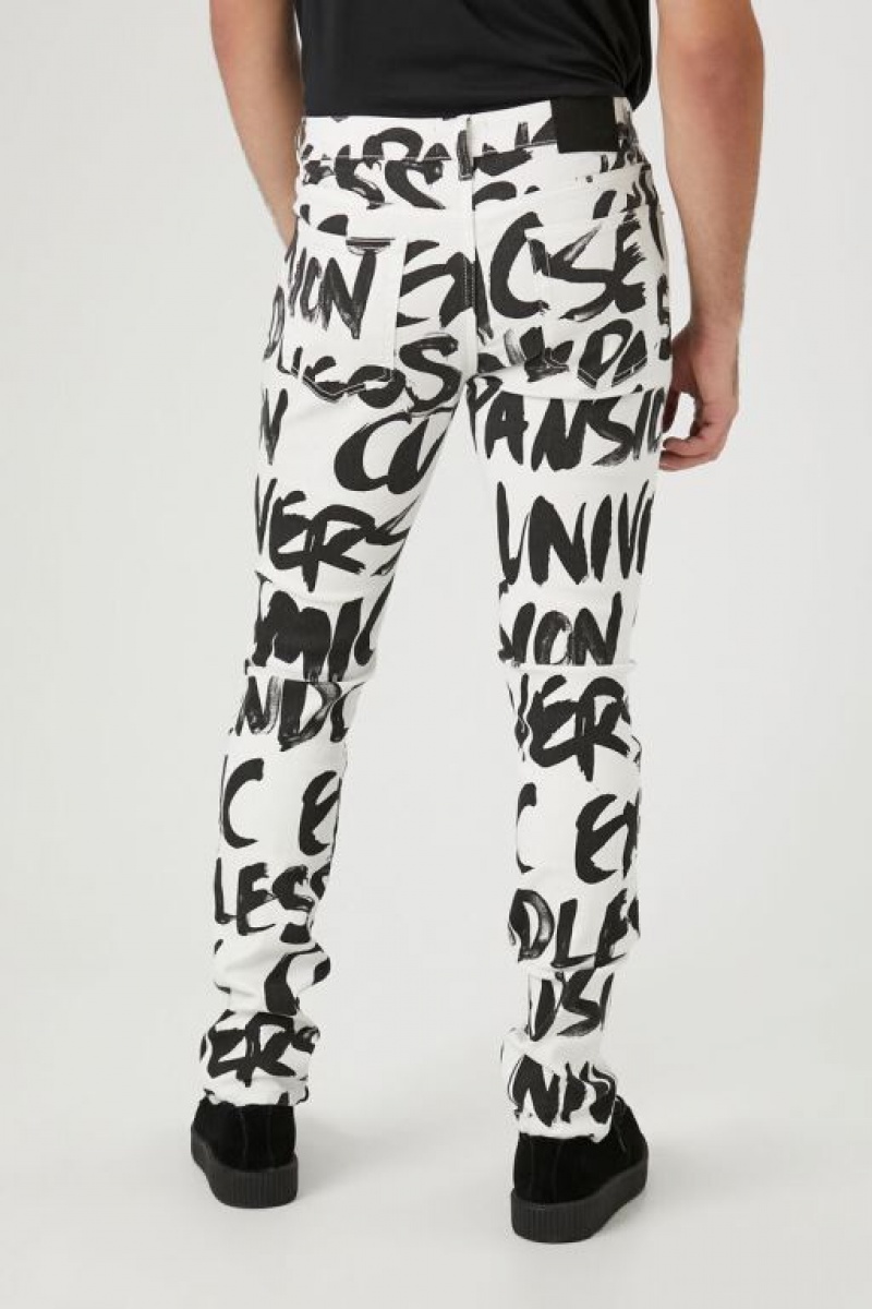 Jeans Forever 21 Graffiti Print Flaco Hombre Blancos Negros | BvZaeJ2xCJA