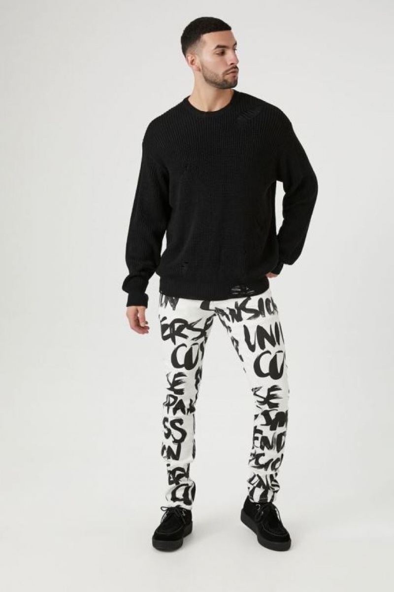 Jeans Forever 21 Graffiti Print Flaco Hombre Blancos Negros | BvZaeJ2xCJA