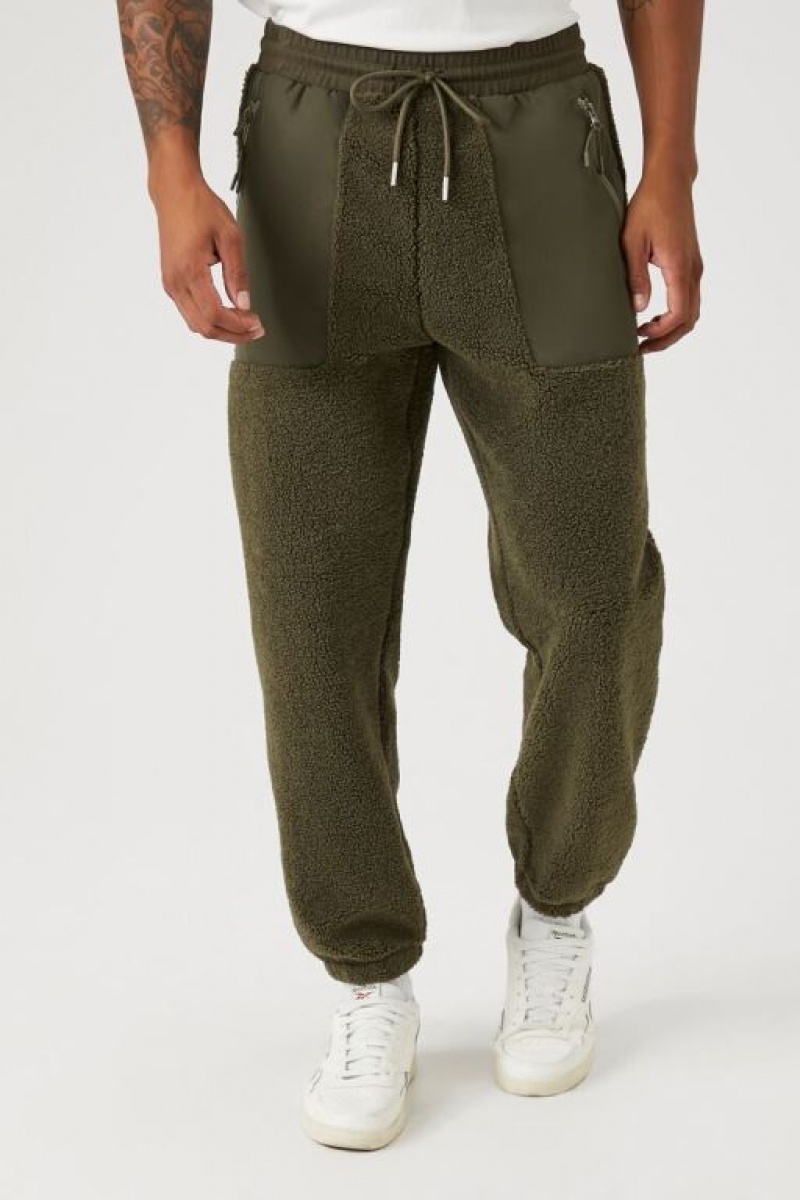 Pantalon Forever 21 Faux Shearling Drawstring Joggers Hombre Verde Oliva | wUw03bC1w9t