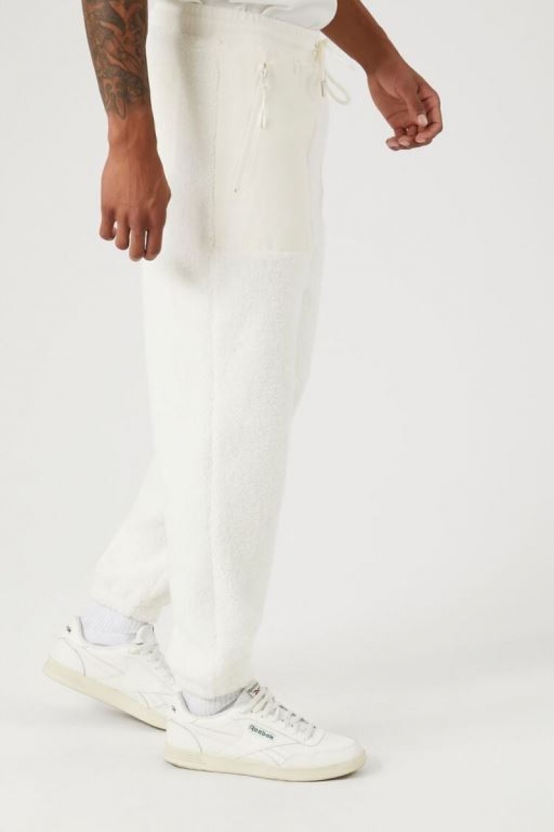 Pantalon Forever 21 Faux Shearling Drawstring Joggers Hombre Creme | FZspZPlnAJN