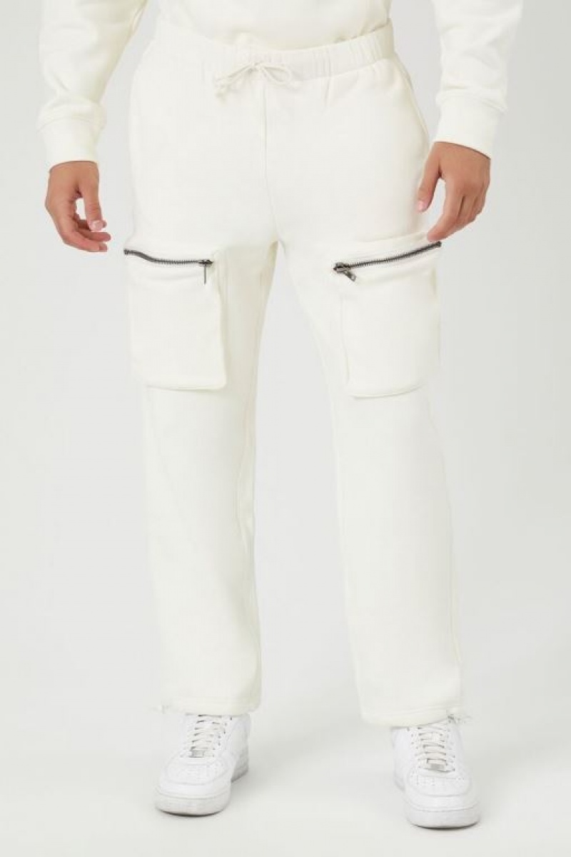 Pantalon Forever 21 Fleece Zip Pocket Cargo Joggers Hombre Creme | n4hfIdYZpHN