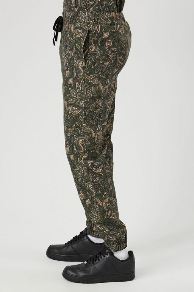 Pantalon Forever 21 Paisley Print Joggers Hombre Verde Oliva Multicolor | IdHM9JYA1sM