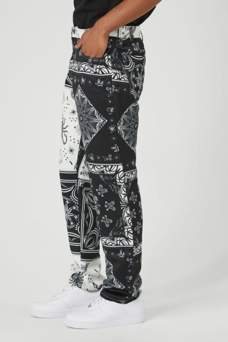 Pantalon Forever 21 Satin Paisley Print Slim Fit Hombre Negros Creme | bUSW13cxxlJ