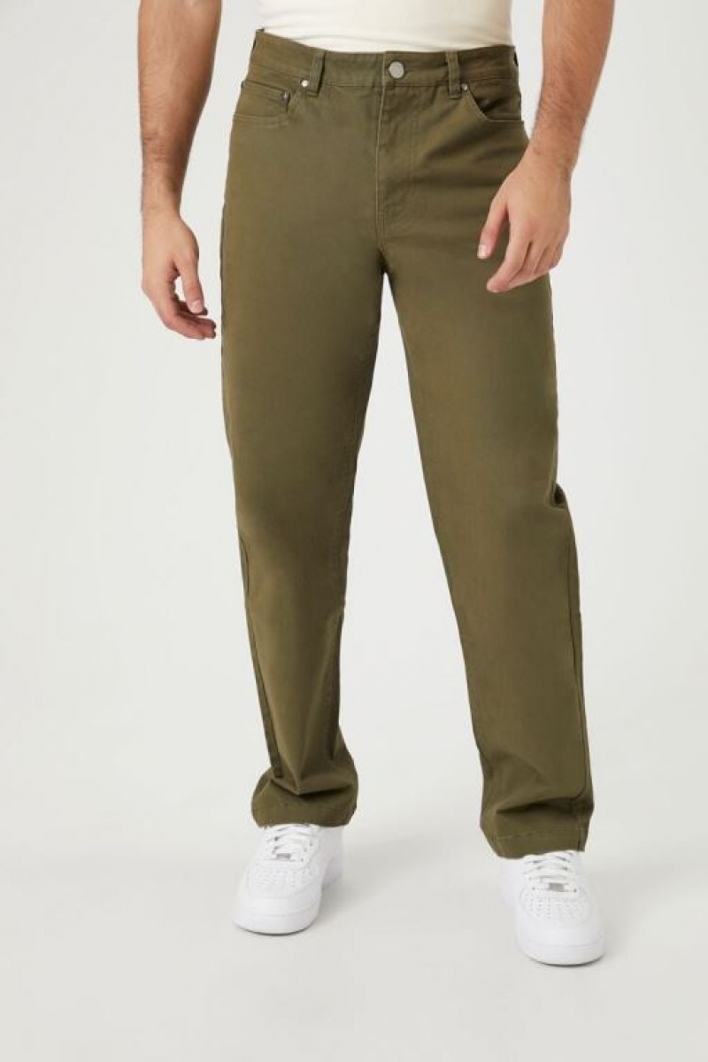 Pantalon Forever 21 Twill Mid Rise Slim Fit Hombre Verde Oliva | 9bHWSRDg3jI