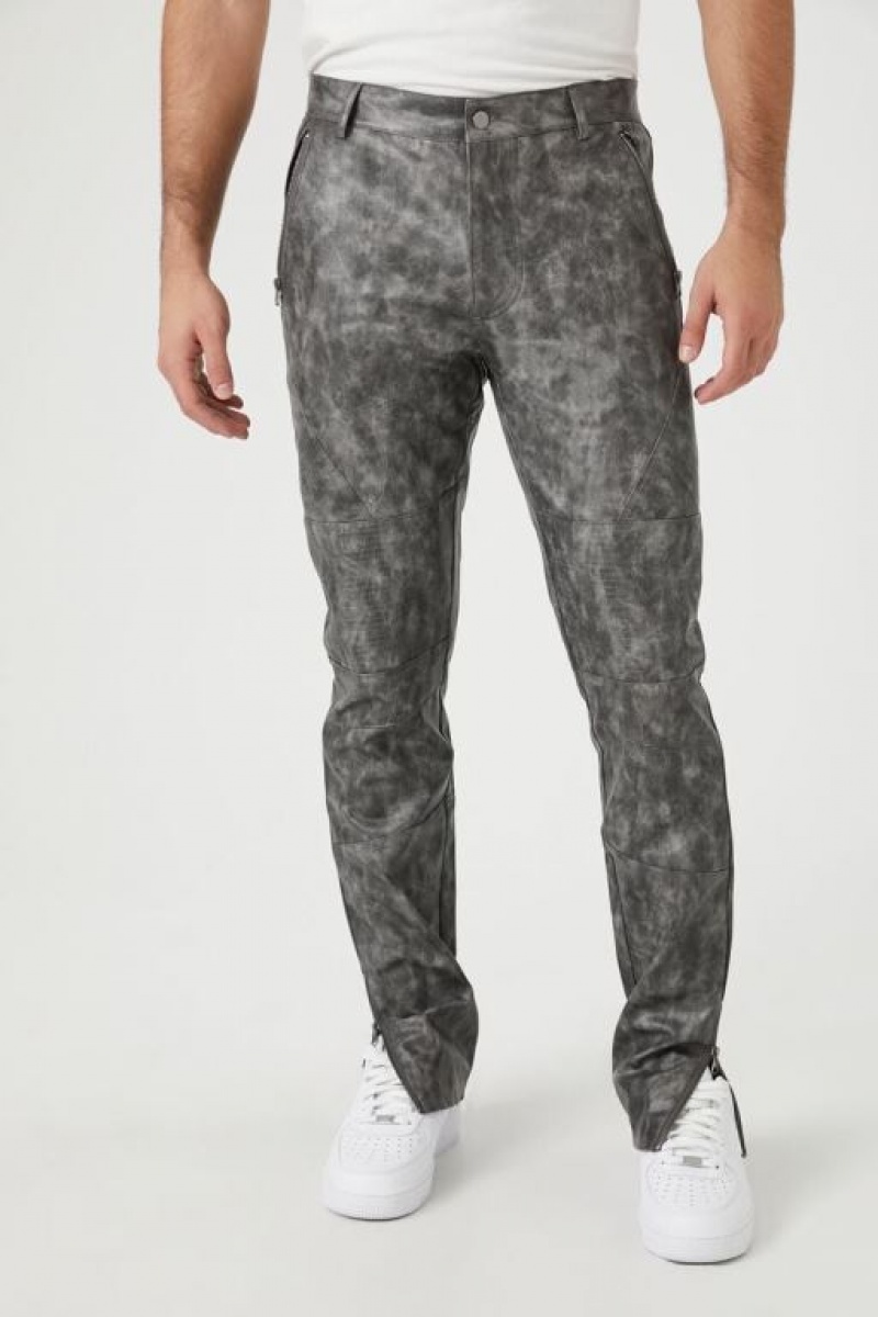 Pantalon Forever 21 Weathered Faux Cuero Slim Fit Hombre Grises | a6ZJATEmhmY